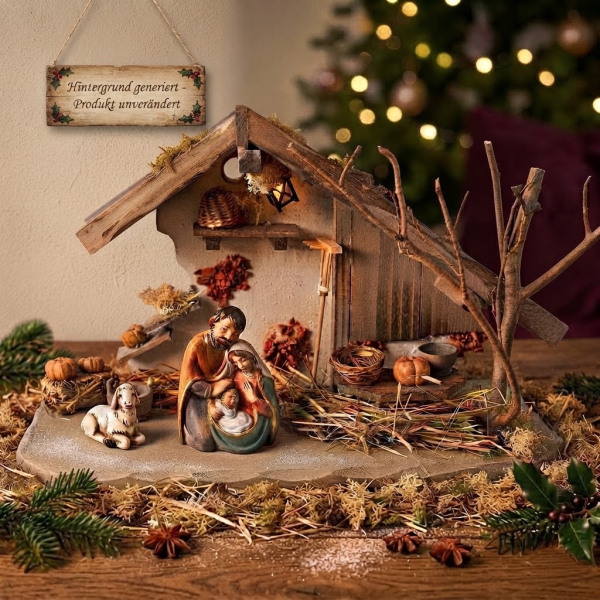 Traditionelle Weihnachtskrippe Treuf inkl. Heilige Familie 098 und einem Schaf, Maße Krippe: ca. 30 x 11 x 18 cm